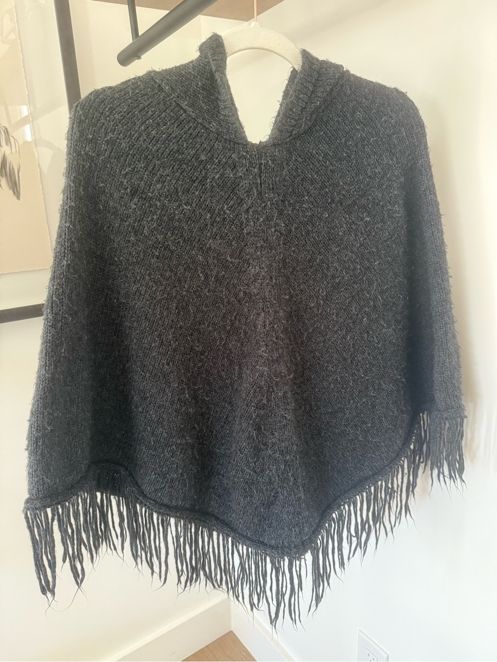 Apt. 9 Charcoal Gray Hooded Fringe Knit Poncho One Size Hood